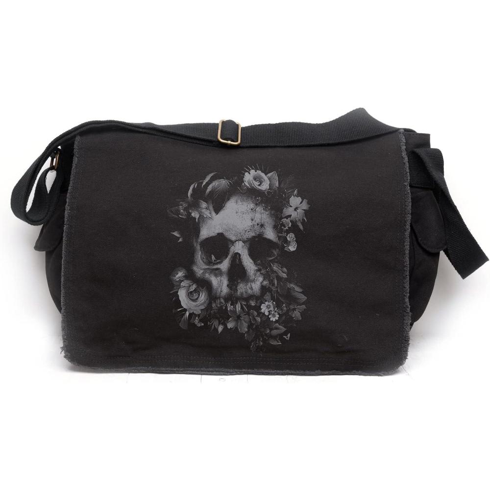 image:imageBlack Lantern Messenger Bag  Vintage Canvas Crossbody Satchel for Men ampamp Women Stylish Shoulder Bag for Work or TravelSkull  Flowers