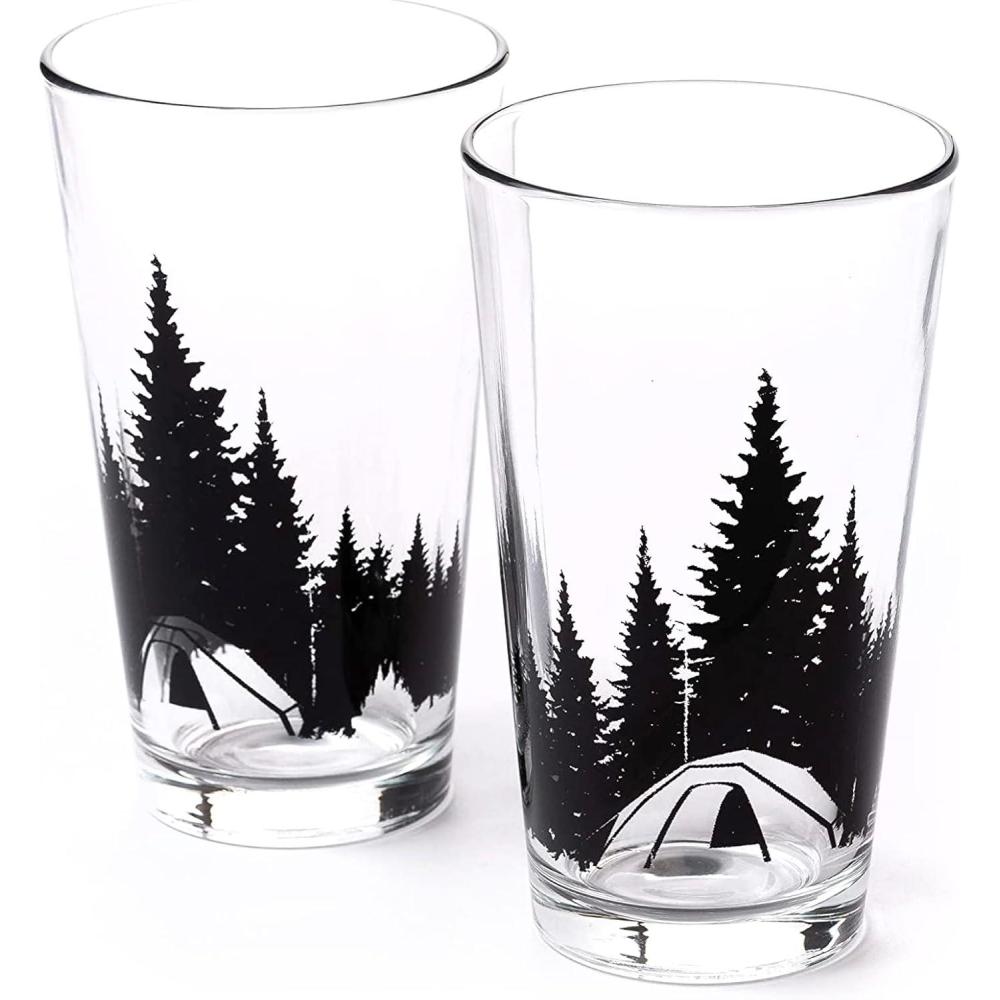 image:imageBlack Lantern Pint Glasses Set of 2  Double Exposure Bear Pint Glasses for Craft Beer Enthusiasts  Set of Two 16oz GlassesCamping in the Woods