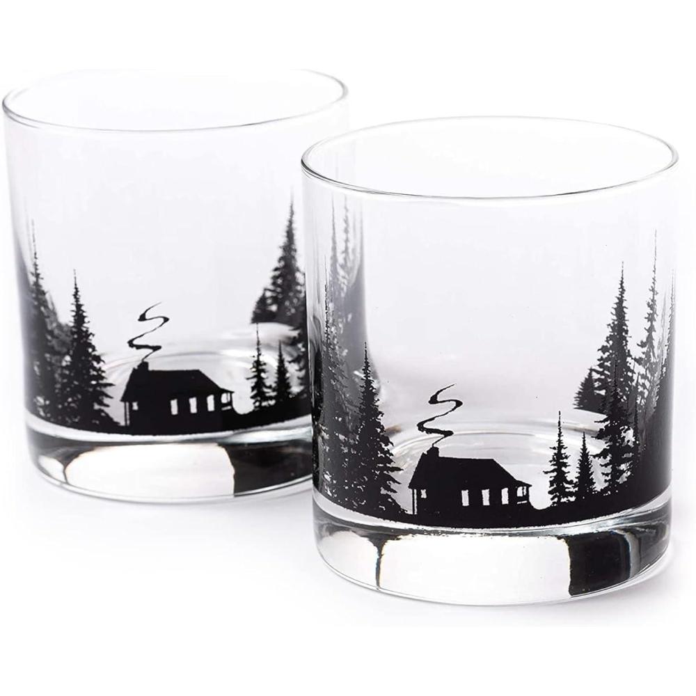 image:imageBlack Lantern Whiskey Glass Set  Forest Landscape Old Fashioned Tumblers for Bourbon Scotch ampamp Cocktails  Nature Inspired 11oz Rocks Glasses for Home Bar ampamp Gifts Set of 2Cabin in the Forest