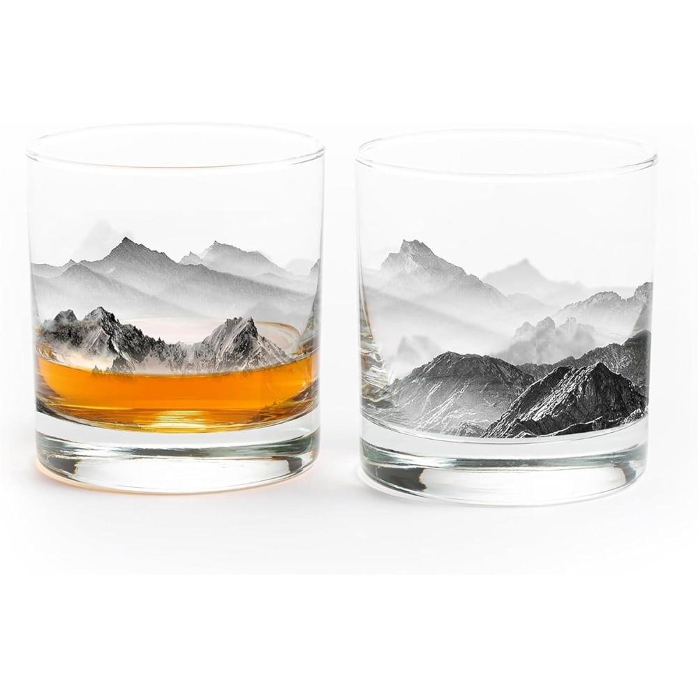 image:imageBlack Lantern Whiskey Glass Set  Forest Landscape Old Fashioned Tumblers for Bourbon Scotch ampamp Cocktails  Nature Inspired 11oz Rocks Glasses for Home Bar ampamp Gifts Set of 2Mountains  Clouds