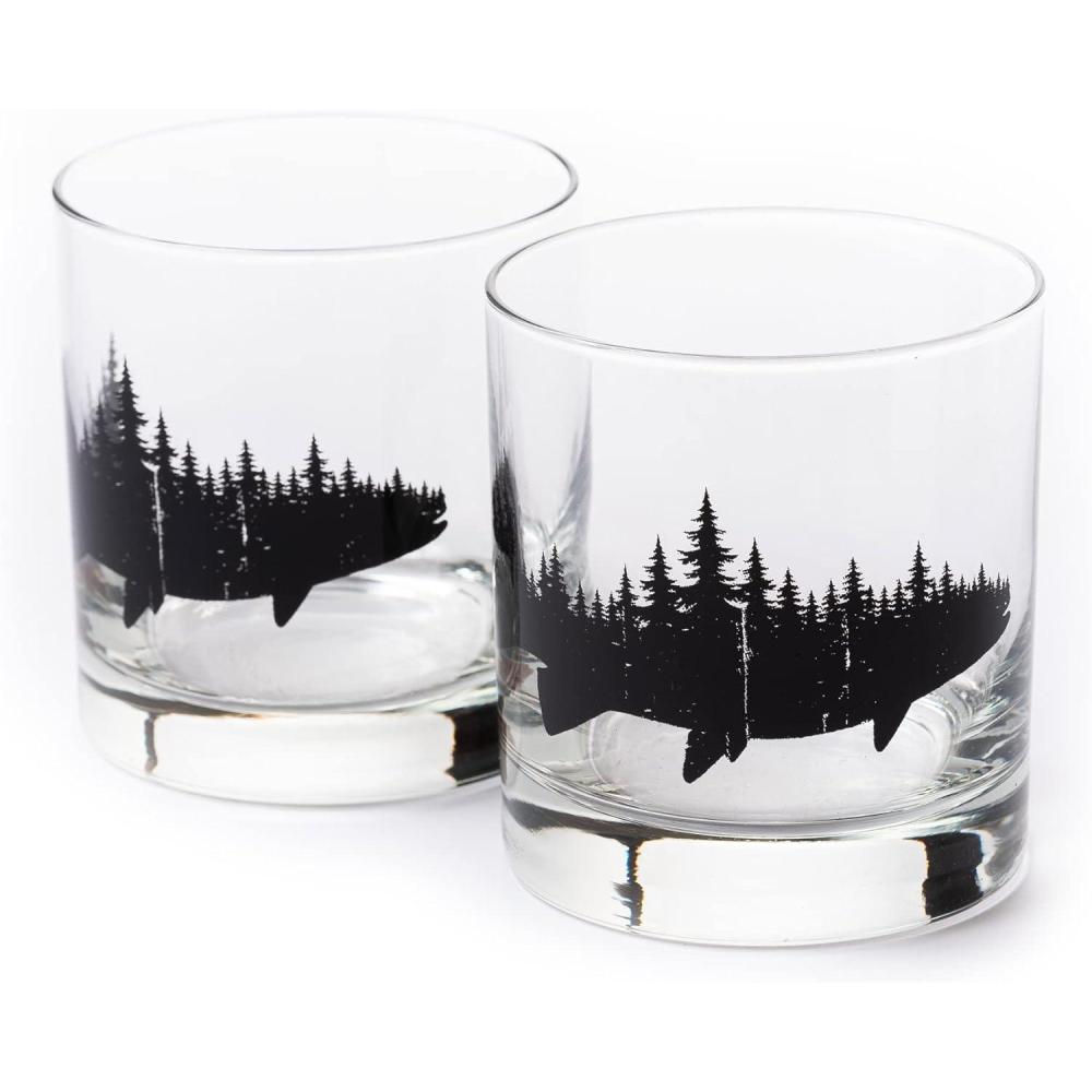image:imageBlack Lantern Whiskey Glasses Set of 2  11oz HeavyBase Rocks Tumblers for Bourbon Scotch ampamp Cocktails  NatureThemed Forest ampamp Fish DesignFish and Forest