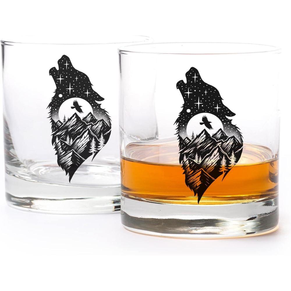 image:imageBlack Lantern Whiskey Glasses Set of 2  11oz HeavyBase Rocks Tumblers for Bourbon Scotch ampamp Cocktails  NatureThemed Forest ampamp Fish DesignHowling Wolf