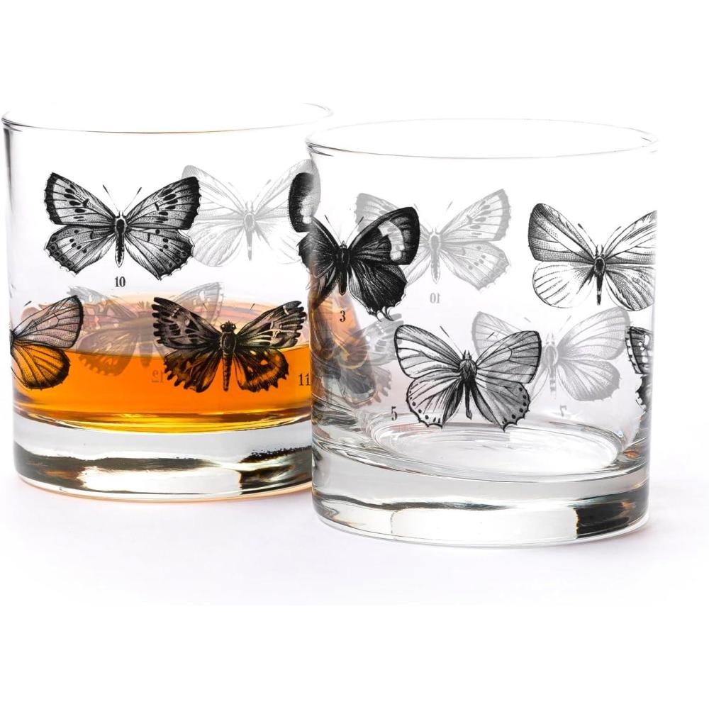 image:imageBlack Lantern Whiskey Glasses Set of 2  11oz HeavyBase Rocks Tumblers for Bourbon Scotch ampamp Cocktails  NatureThemed Forest ampamp Fish DesignVintage Butterfy Chart