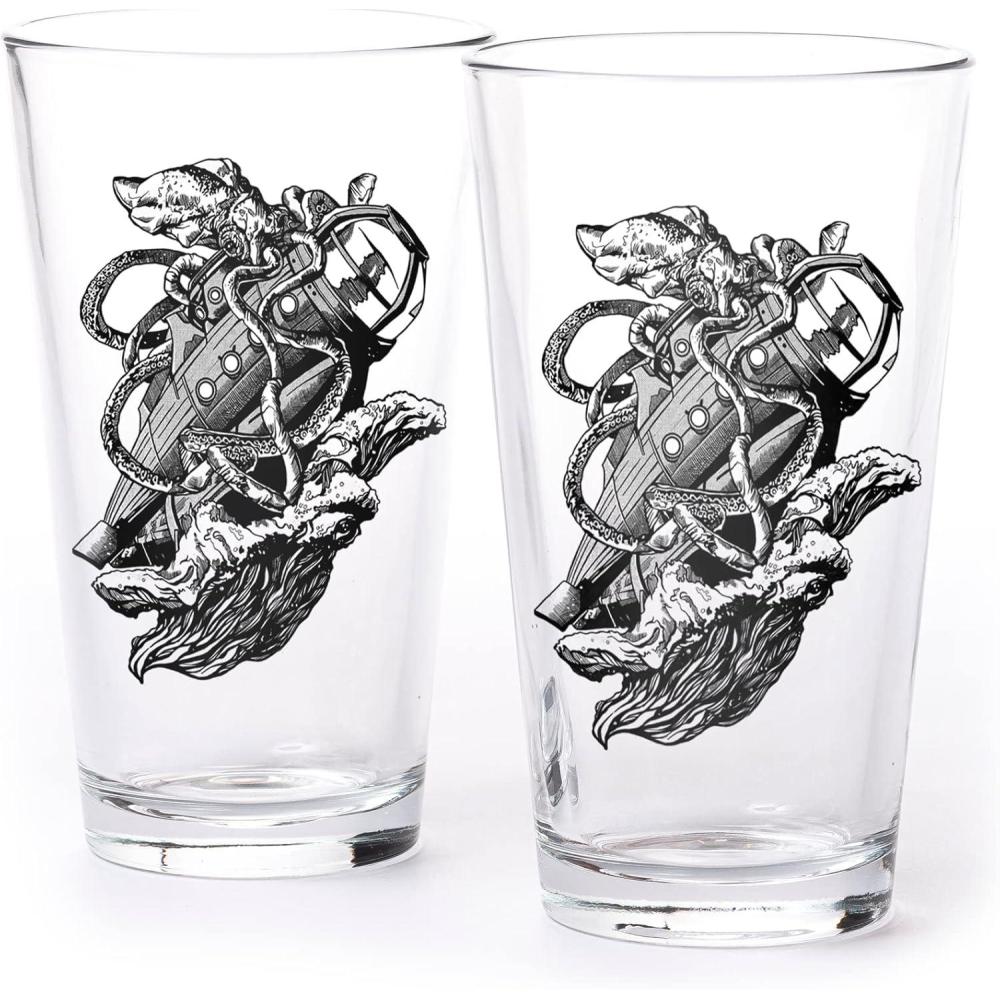 image:imagePint Glasses with Fish and Forest Screen Print  16 oz Beer Glasses for Craft Beer  Fishing Gifts and Glasses for Fisherman  Trout and ForestKraken vs Submarine