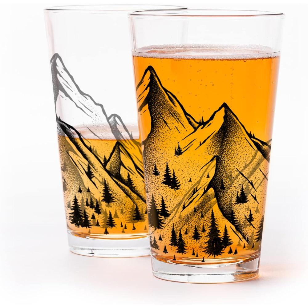 image:imagePint Glasses with Fish and Forest Screen Print  16 oz Beer Glasses for Craft Beer  Fishing Gifts and Glasses for Fisherman  Trout and ForestMountain Range Panoramic