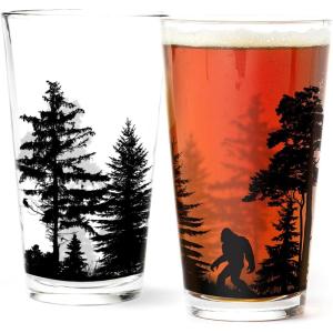 Black Lantern Pint Glasses Set of 2 – Double Exposure Bear Pint Glasses for Craft Beer Enthusiasts – Set of Two 16oz. Glasses(Bigfoot in the Forest)