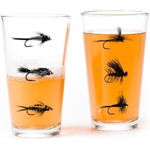 Black Lantern Pint Glasses Set of 2 – Double Exposure Bear Pint Glasses for Craft Beer Enthusiasts – Set of Two 16oz. Glasses(Fly Fishing Flies)