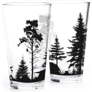 Black Lantern Pint Glasses Set of 2 – Double Exposure Bear Pint Glasses for Craft Beer Enthusiasts – Set of Two 16oz. Glasses(Mountain Camping)