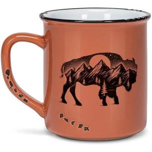 Black Lantern Retro Styled Large Coffee Mug – Mountains and Waves – Ceramic Camper Styled Mugs for Tea and Coffee – 14 Ounce Capacity(Buffalo Landscape)
