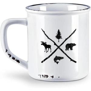 Black Lantern Retro Styled Large Coffee Mug – Mountains and Waves – Ceramic Camper Styled Mugs for Tea and Coffee – 14 Ounce Capacity(Pine Bear Trout Moose)