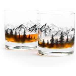 Black Lantern Whiskey Glass Set – Forest Landscape Old Fashioned Tumblers for Bourbon, Scotch & Cocktails – Nature Inspired 11oz Rocks Glasses for Home Bar & Gifts (Set of 2)(Mountain Mist)