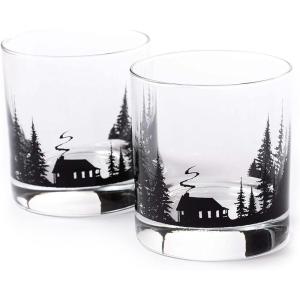 Black Lantern Whiskey Glass Set – Forest Landscape Old Fashioned Tumblers for Bourbon, Scotch & Cocktails – Nature Inspired 11oz Rocks Glasses for Home Bar & Gifts (Set of 2)(Cabin in the Forest)
