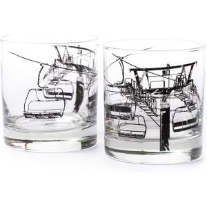 Black Lantern Whiskey Glass Set – Forest Landscape Old Fashioned Tumblers for Bourbon, Scotch & Cocktails – Nature Inspired 11oz Rocks Glasses for Home Bar & Gifts (Set of 2)(Ski Lift)
