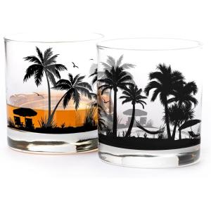 Black Lantern Whiskey Glasses Set of 2 – 11oz Heavy-Base Rocks Tumblers for Bourbon, Scotch & Cocktails – Nature-Themed Forest & Fish Design(Beach Landscape)