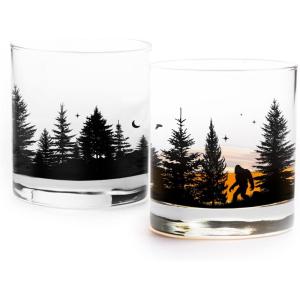 Black Lantern Whiskey Glasses Set of 2 – 11oz Heavy-Base Rocks Tumblers for Bourbon, Scotch & Cocktails – Nature-Themed Forest & Fish Design(Bigfoot in the Forest)
