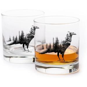Black Lantern Whiskey Glasses Set of 2 – 11oz Heavy-Base Rocks Tumblers for Bourbon, Scotch & Cocktails – Nature-Themed Forest & Fish Design(Double Exposure Bird)