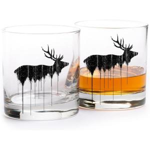 Black Lantern Whiskey Glasses Set of 2 – 11oz Heavy-Base Rocks Tumblers for Bourbon, Scotch & Cocktails – Nature-Themed Forest & Fish Design(Elk Above Treeline)
