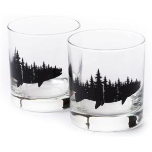 Black Lantern Whiskey Glasses Set of 2 – 11oz Heavy-Base Rocks Tumblers for Bourbon, Scotch & Cocktails – Nature-Themed Forest & Fish Design(Fish and Forest)
