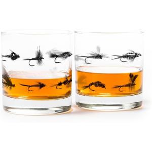 Black Lantern Whiskey Glasses Set of 2 – 11oz Heavy-Base Rocks Tumblers for Bourbon, Scotch & Cocktails – Nature-Themed Forest & Fish Design(Fly Fishing Flies)