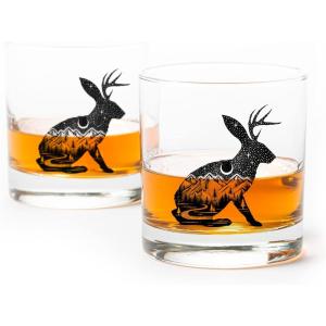 Black Lantern Whiskey Glasses Set of 2 – 11oz Heavy-Base Rocks Tumblers for Bourbon, Scotch & Cocktails – Nature-Themed Forest & Fish Design(Jackalope)