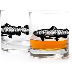 Black Lantern Whiskey Glasses Set of 2 – 11oz Heavy-Base Rocks Tumblers for Bourbon, Scotch & Cocktails – Nature-Themed Forest & Fish Design(Mountain Trout)