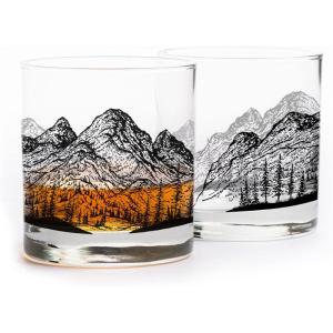 Black Lantern Whiskey Glasses Set of 2 – 11oz Heavy-Base Rocks Tumblers for Bourbon, Scotch & Cocktails – Nature-Themed Forest & Fish Design(Mountain Panoramic)