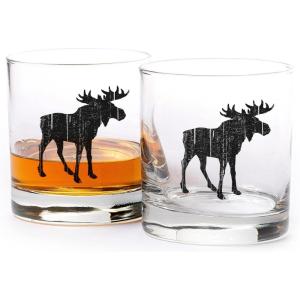 Black Lantern Whiskey Glasses Set of 2 – 11oz Heavy-Base Rocks Tumblers for Bourbon, Scotch & Cocktails – Nature-Themed Forest & Fish Design(Rustic Moose)