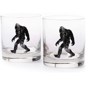 Black Lantern Whiskey Glasses Set of 2 – 11oz Heavy-Base Rocks Tumblers for Bourbon, Scotch & Cocktails – Nature-Themed Forest & Fish Design(Rustic Bigfoot)
