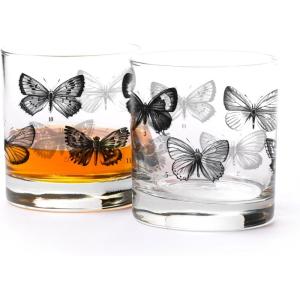 Black Lantern Whiskey Glasses Set of 2 – 11oz Heavy-Base Rocks Tumblers for Bourbon, Scotch & Cocktails – Nature-Themed Forest & Fish Design(Vintage Butterfy Chart)