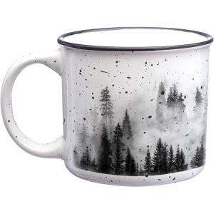 Large Coffee Mug by Black Lantern – Rustic Bigfoot Speckled 15oz. Dark Green Mug – Microwave-Safe Mug for Hot Beverages(Forest & Clouds)