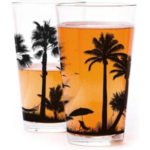 Pint Glasses with Fish and Forest Screen Print – 16 oz. Beer Glasses for Craft Beer – Fishing Gifts and Glasses for Fisherman – Trout and Forest(Beach Landscape)