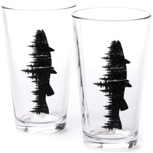 Pint Glasses with Fish and Forest Screen Print – 16 oz. Beer Glasses for Craft Beer – Fishing Gifts and Glasses for Fisherman – Trout and Forest(Fish and Forest)