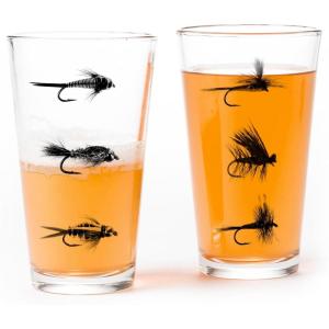 Pint Glasses with Fish and Forest Screen Print – 16 oz. Beer Glasses for Craft Beer – Fishing Gifts and Glasses for Fisherman – Trout and Forest(Fly Fishing Flies)