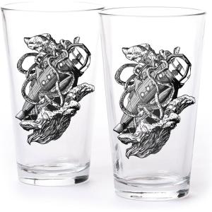 Pint Glasses with Fish and Forest Screen Print – 16 oz. Beer Glasses for Craft Beer – Fishing Gifts and Glasses for Fisherman – Trout and Forest(Kraken vs Submarine)