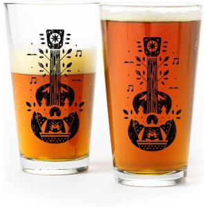 Pint Glasses with Fish and Forest Screen Print – 16 oz. Beer Glasses for Craft Beer – Fishing Gifts and Glasses for Fisherman – Trout and Forest(Mountain Guitar)