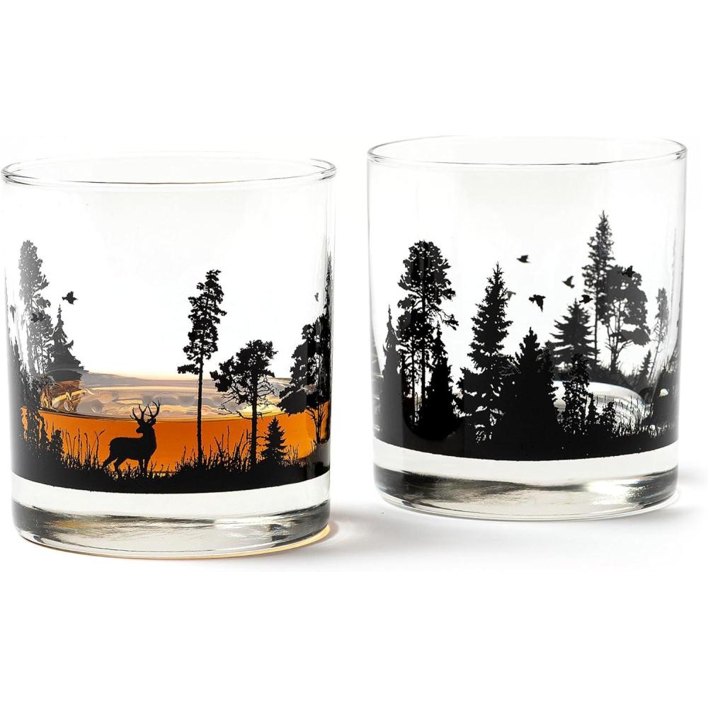 image:imageBlack Lantern Cabin in the Forest Whiskey Glass Set  11oz Old Fashioned Rocks Tumblers with Cabin amp Pine Tree Design  HandPrinted HeavyBase Barware for Bourbon Scotch amp Cocktails Set of 2Forest Animal