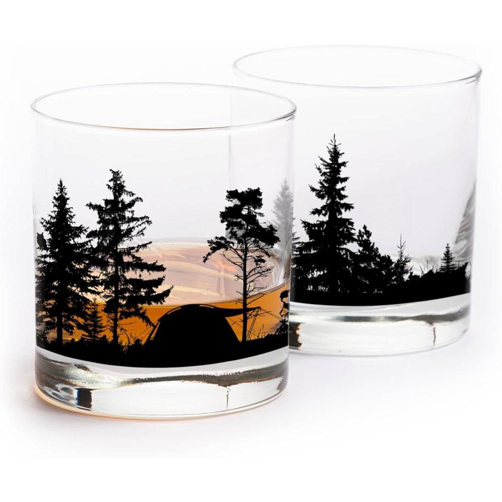 image:imageSet of 2 Whiskey Glasses by Black Lantern  Mountain Camping Tent and Forest  Hand Printed Tumbler Glass Set  11oz Drinking Cups