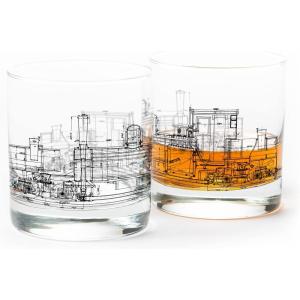 Black Lantern Cabin in the Forest Whiskey Glass Set – 11oz Old Fashioned Rocks Tumblers with Cabin & Pine Tree Design | Hand-Printed Heavy-Base Barware for Bourbon, Scotch & Cocktails (Set of 2)(Locomotive Blueprints)