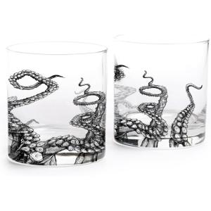 Black Lantern Cabin in the Forest Whiskey Glass Set – 11oz Old Fashioned Rocks Tumblers with Cabin & Pine Tree Design | Hand-Printed Heavy-Base Barware for Bourbon, Scotch & Cocktails (Set of 2)(Octopus Tentacles)