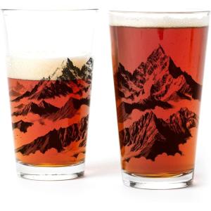 Pint Glasses by Black Lantern – Beer Glasses for Craft Beer Enthusiasts – Set of Two 16oz. Glasses – Bigfoot in the Forest Cocktail and Drinking Glasses – Bigfoot Lover Gifts(Mountain Peaks)