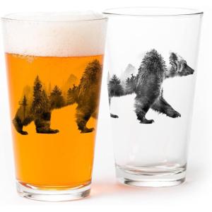 Pint Glasses by Black Lantern – Beer Glasses for Craft Beer Enthusiasts – Set of Two 16oz. Glasses – Bigfoot in the Forest Cocktail and Drinking Glasses – Bigfoot Lover Gifts(Double Exposure Bear)
