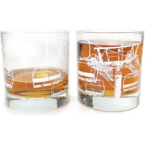 Black Lantern Whiskey Glasses – Low Ball and Cocktail Drinking Glasses with Ski Lift White Screen Print – 11oz. Skiing Glassware Set of 2 – Cocktail Glasses for Whiskey Scotch and Bourbon