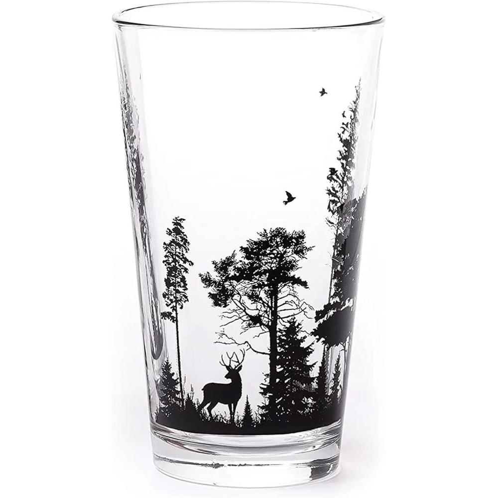 image:imageBlack Lantern Forest and Clouds Pint Glass  16 oz Heavy Base Craft Beer Tumbler  Nature Landscape DesignForest Animal