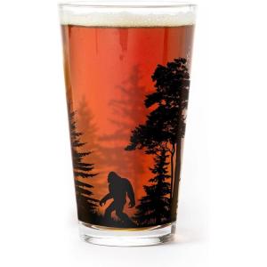 Black Lantern Forest and Clouds Pint Glass – 16 oz Heavy Base Craft Beer Tumbler – Nature Landscape Design(Bigfoot in the Forest)