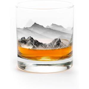 Black Lantern Whiskey Glass – 11oz. Old Fashioned Whiskey Glass – Tumbler Glasses for Nature Lovers – One Rock Glass for Cocktails Bourbon Scotch and Whiskey (Mountain Mist)(Mountains + Clouds)