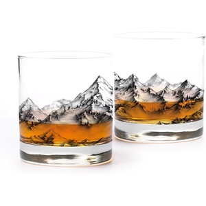 Black Lantern Whiskey Glasses Set of 2 – 11oz Heavy Base Old Fashioned Rocks Glasses – Screen Printed Bourbon Tumblers with Gift Box (Modern Mountain)